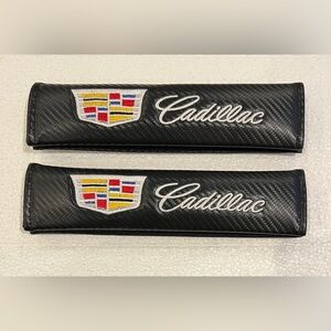 CADILLAC Carbon Fiber Black Leather Yellow & White Seat Belt Shoulder Pad Covers